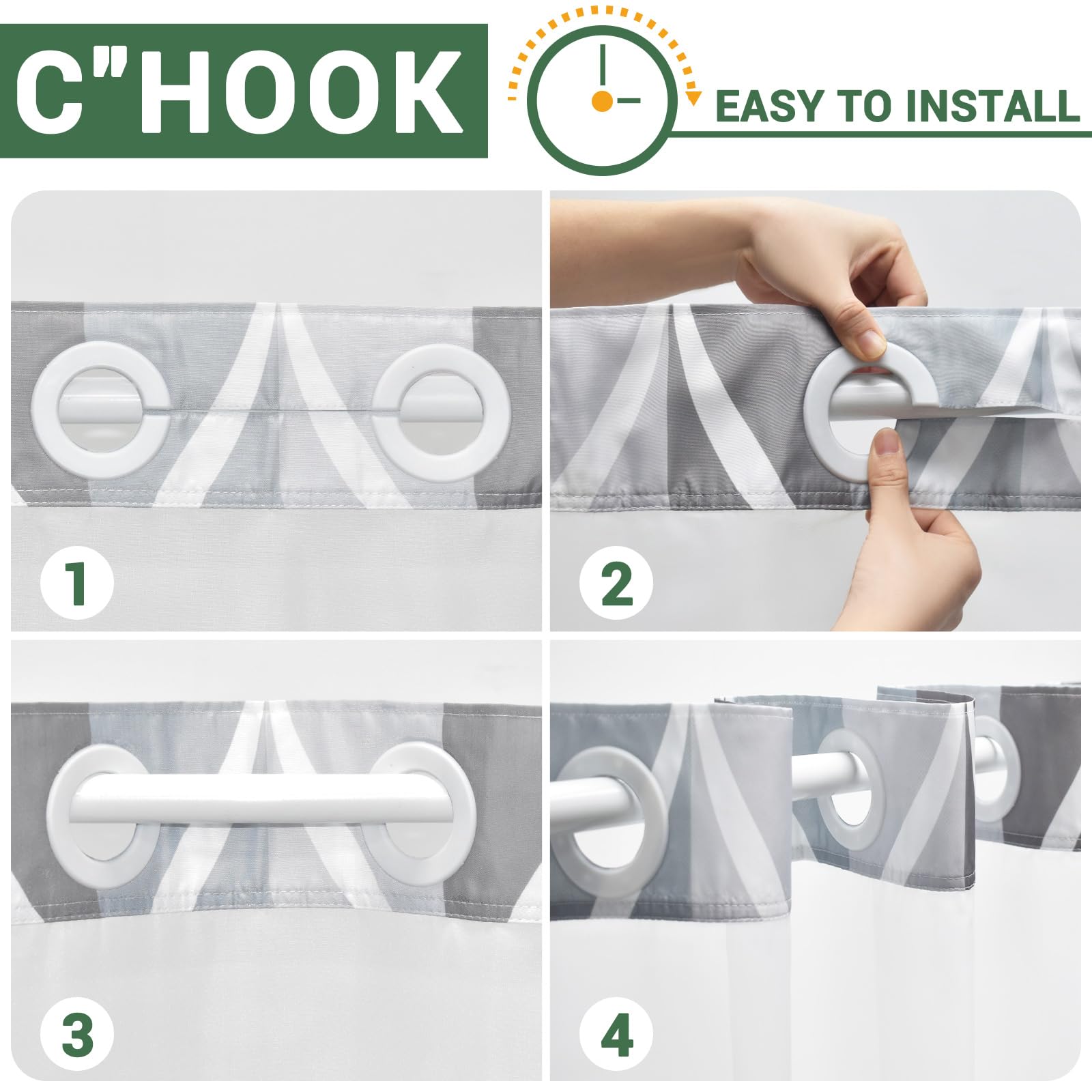 Yiatn No Hook Grey Shower Curtain With Snap In Fabric Liner Set - Hotel Style With See Through Mesh Top Window, Modern Geometric